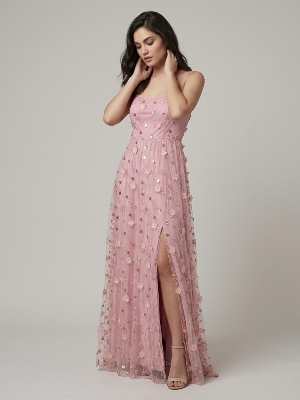 Flower Embroidered High Slit Maxi Dress